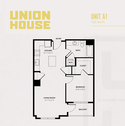 A floor plan of a Union House apartment unit labeled A1, with a total area of 723 square feet.